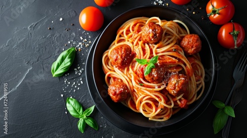 Fototapeta Naklejka Na Ścianę i Meble -  Food Photography Concept : Spaghetti with tomato sauce and meatballs in a bowl on black stone background