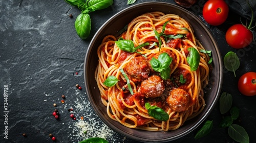 Food Photography Concept : Spaghetti with tomato sauce and meatballs in a bowl on black stone background photo