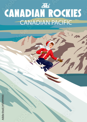 Travel poster Canadian Rockies resort vintage. Canada winter landscape travel card
