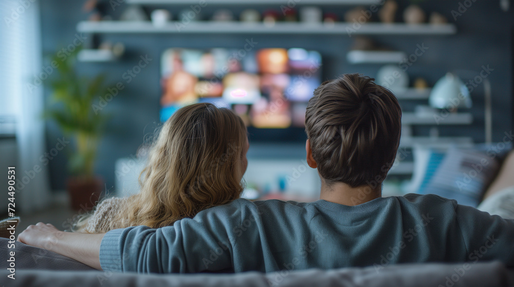 Man and Woman Sitting on a Couch Watching TV in Living Room Man and Woman Sitting on a Couch Watching TV in Living Room