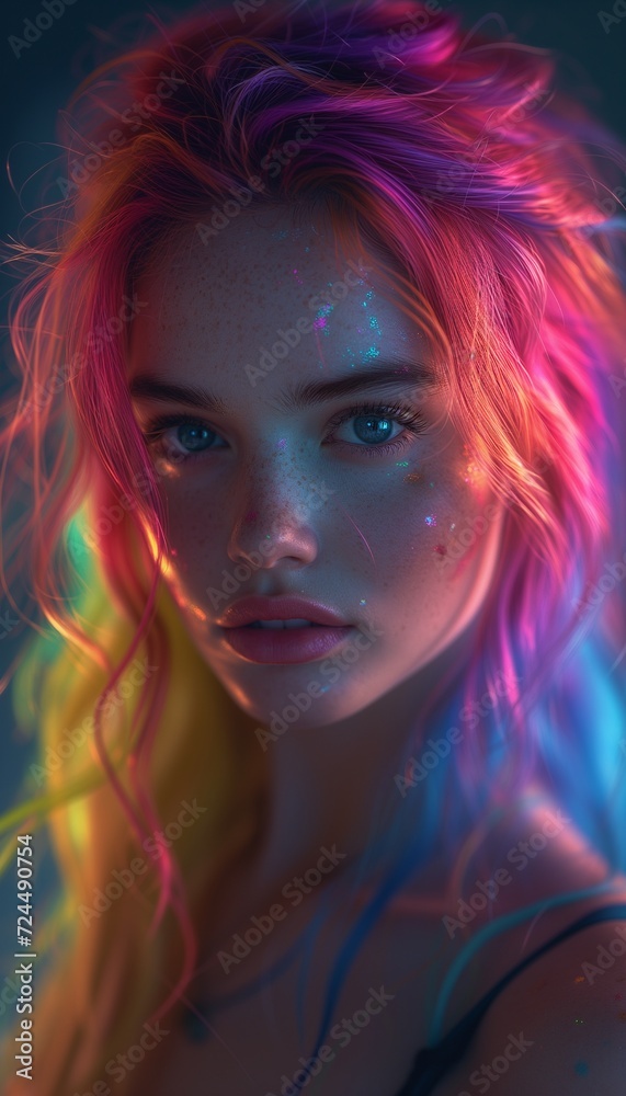 Fototapeta premium Colorful Creativity: Dynamic Illustration of Character with Multicolored Hair