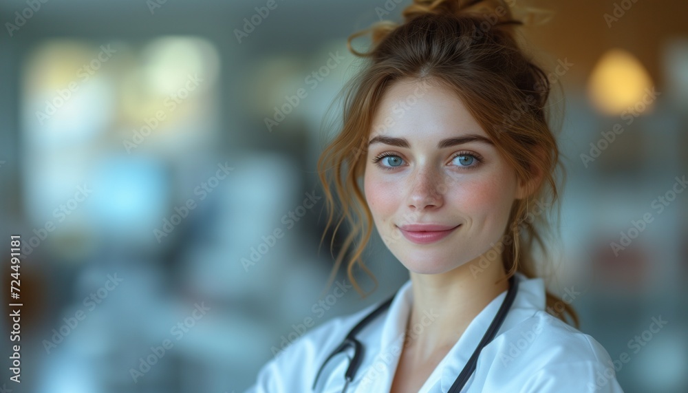 Obraz premium Woman in White Lab Coat Looking at Camera with Copy Space