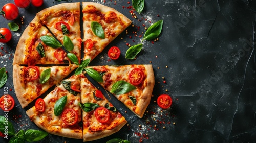 Slices of pizza with spices on dark stone background