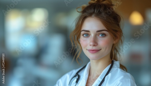 Woman in White Lab Coat Looking at Camera with Copy Space