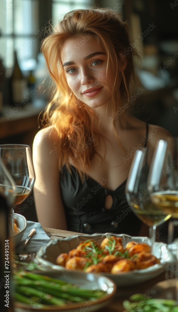 Vegetarian Delight: Young Woman Enjoying Meal at Bright Table Vegetarian Delight: Young Woman Enjoying Meal at Bright Table
