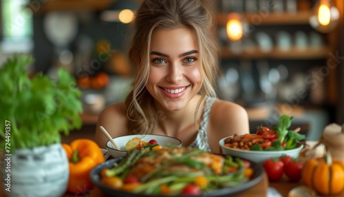 Vegetarian Delight  Young Woman Enjoying Meal at Bright Table