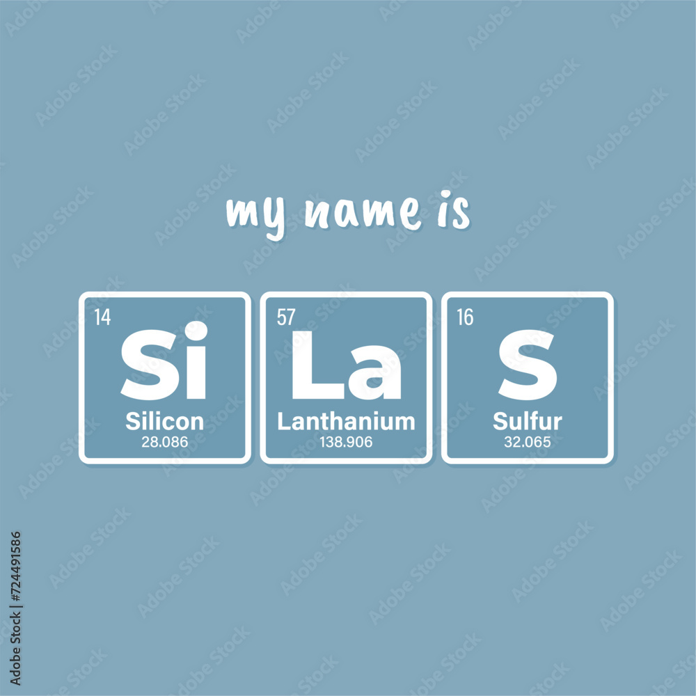 Vector inscription name SILAS composed of individual elements of the periodic table. Text: My name is. Blue background