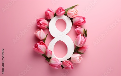 Number 8 symbol inside of the garland made of tulip flowers on a pink background