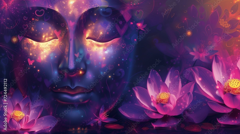 A serene Buddha statue illuminated in purple light surrounded by lotus flowers, symbolizing peace and enlightenment. A serene Buddha statue illuminated in purple light surrounded by lotus flowers, symbolizing peace and enlightenment.