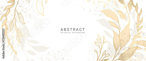 Golden abstract botanical background with line art branches and leaves. Elegant corner frame design. Vector illustration for card, banner, invitation, advertising and packaging