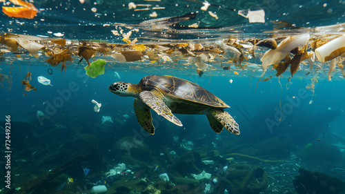 a sea turtle in a polluted sea