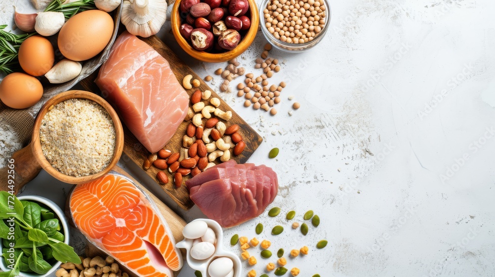 Selection of protein sources on white stone background Selection of protein sources on white stone background
