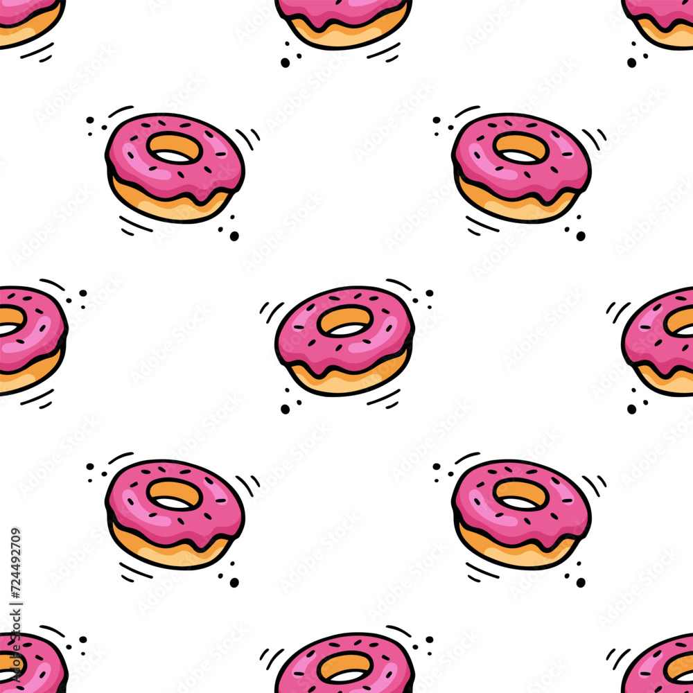Doughnut seamless pattern. Hand drawn Sketch of doughnut. Fast food illustration in doodle style. Texture with Donut illustration. Fast food pattern, texture, fabric, wrapping paper.