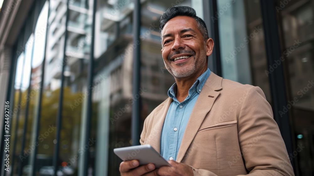 Man with gray hair and a beard is smiling and looking off into the distance while holding a tablet, standing in front of a modern glass building. Man with gray hair and a beard is smiling and looking off into the distance while holding a tablet, standing in front of a modern glass building.