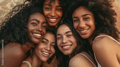 Smiling women are huddled closely together, portraying a warm, friendly, and diverse group.