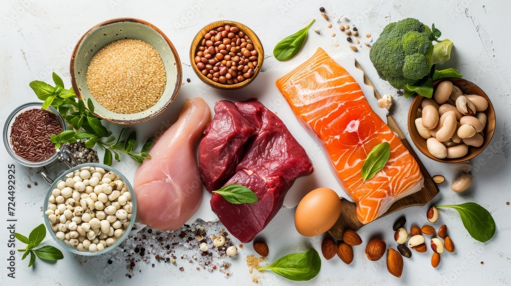Selection of protein sources on white stone background Selection of protein sources on white stone background
