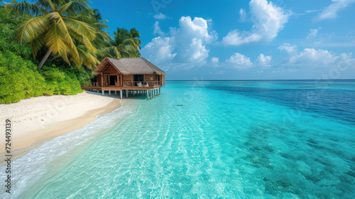 Overwater bungalow on a pristine tropical beach with clear blue water.