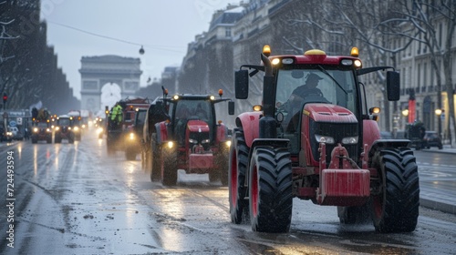 many red farm tractors driving along the road in the city, with the Arch in the background, road strike