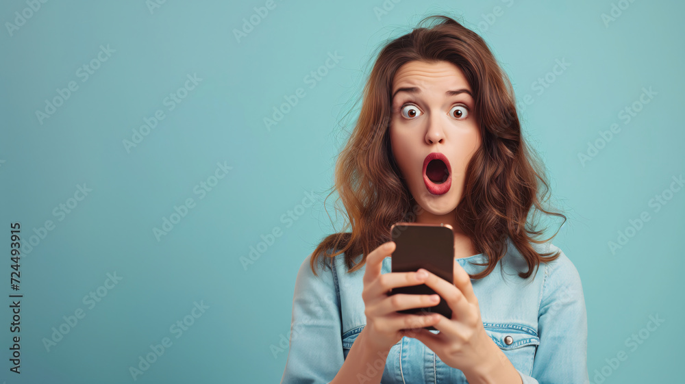 shocked girl using a mobile phone - obrazy, fototapety, plakaty 