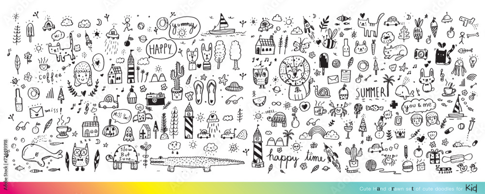 Vector illustration of Doodle cute for kid, Hand drawn set of cute doodles for decoration,Funny Doodle Hand Drawn, Summer, Doodle set of objects from a child's life,Cute animal - obrazy, fototapety, plakaty 