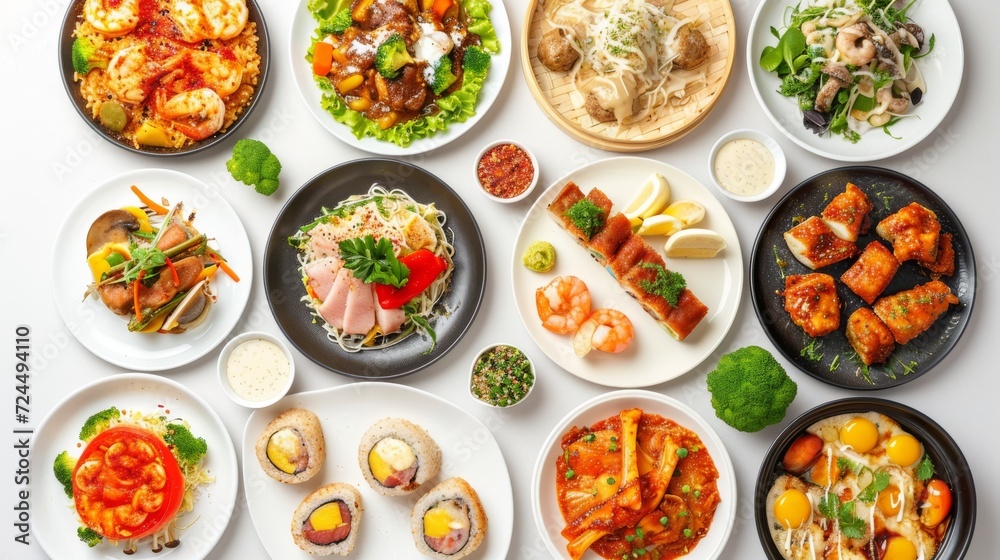 Various plates of food isolated on white background Various plates of food isolated on white background