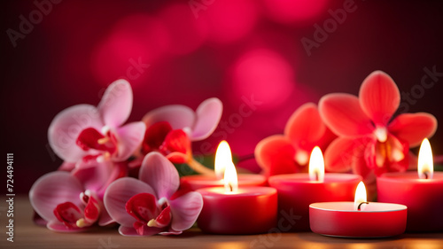 Vibrant red orchid flowers spa massage relaxation and burning candles creating a romantic and serene setting