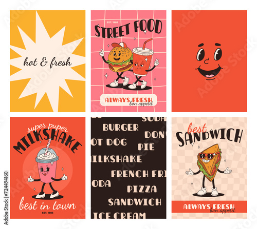 Set of fast food posters. Retro groovy cards with street food characters. Brochure with funky groovy burger, french fries, soda, ice cream, donut, pie, coffee to go, sandwich. Fast food delivery