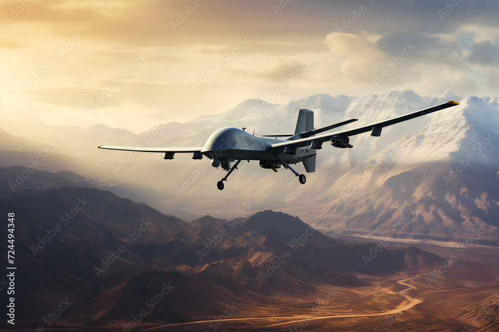 Militärische Drohne vom Typ Reaper über der Wüste, erstellt mit generativer KI - obrazy, fototapety, plakaty 