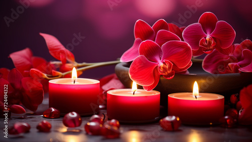 Vibrant red orchid flowers spa massage relaxation and burning candles creating a romantic and serene setting