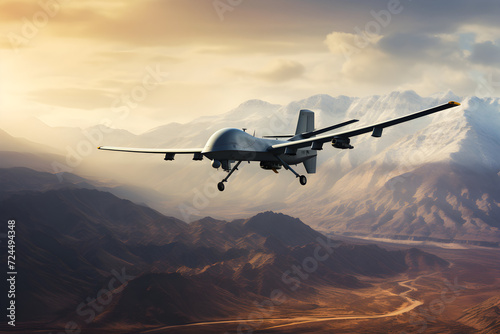 Militärische Drohne vom Typ Reaper über der Wüste, erstellt mit generativer KI photo