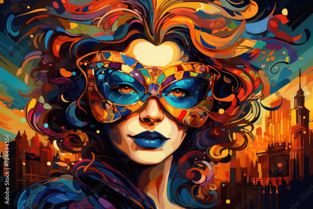 Urban Elegance: Woman in Colorful Mask Against City Backdrop Generative AI