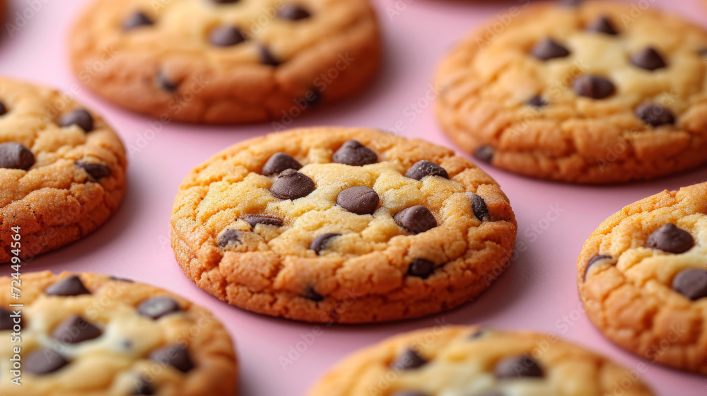 Delicious Homemade Cookies with Chocolate Chips on Pink Background, Close-Up View