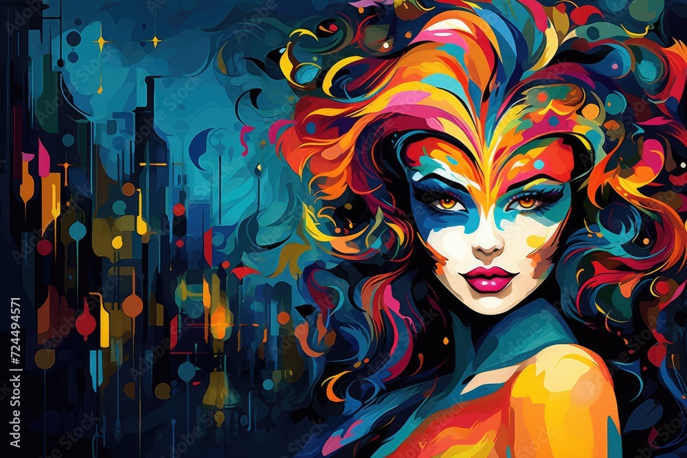 Urban Elegance: Woman in Colorful Mask Against City Backdrop Generative AI