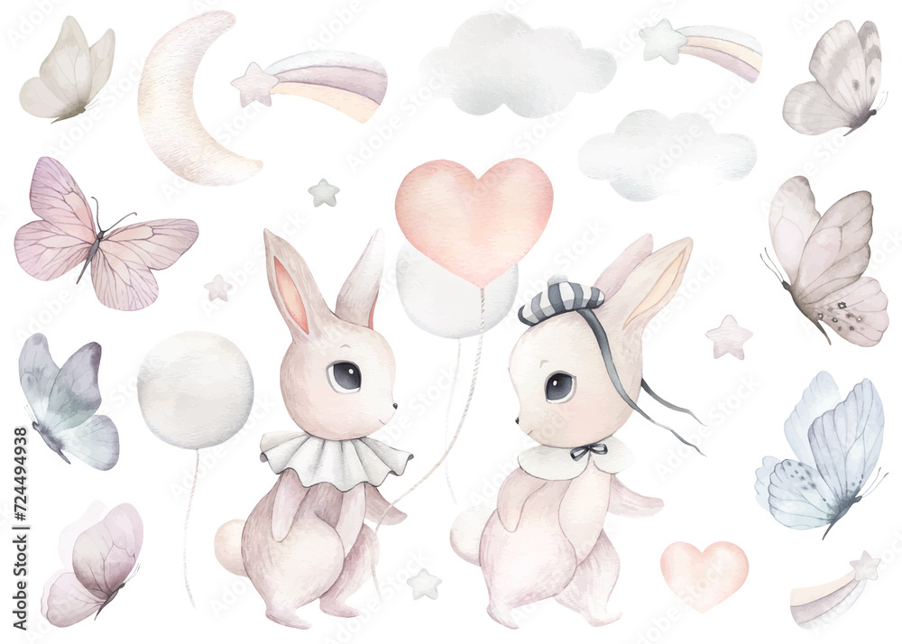 Watercolor illustration of cute bunny, rabbit, hare with pink, heart balloon. Brown set of cutie animal portrait in pastel colors with skirt, collar, bow. Stickers, wall art, butterfly, easter
