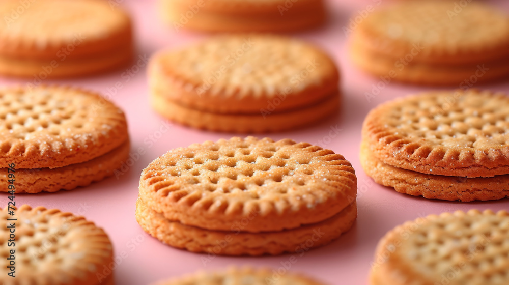 Crunchy Golden Cookies Arranged Neatly on Pastel Pink Background Crunchy Golden Cookies Arranged Neatly on Pastel Pink Background