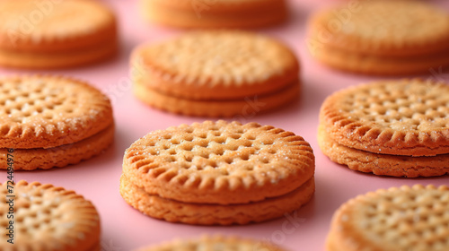 Crunchy Golden Cookies Arranged Neatly on Pastel Pink Background