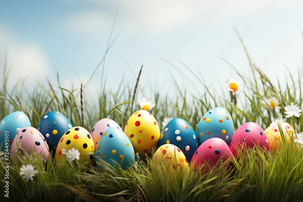 colorful eggs on green grass at sunny day. ai generated colorful eggs on green grass at sunny day. ai generated