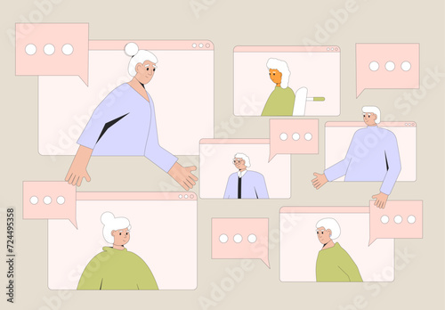 Old friends talk. Retired life adaptation in social community. Vector illustration