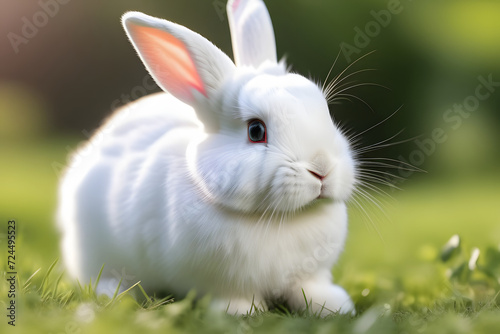 Adorable white bunny rabbit sitting on green grass in a field on a sunny day