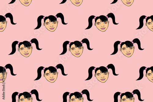 Vector seamless pattern with cartoon face girl or woman with two ponytails. Childish, girlish fun cute texture backdrop