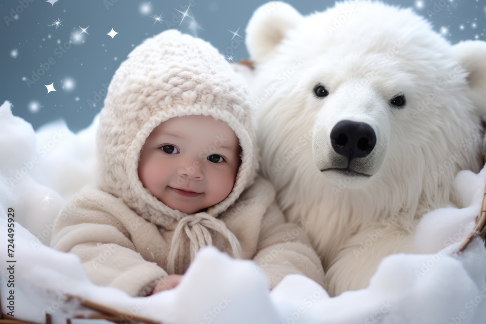 Snowy Igloo Adventure: Dress the baby in cozy winter clothes and set up a scene with a snowy igloo and polar bear props. Baby fashion christmas.
