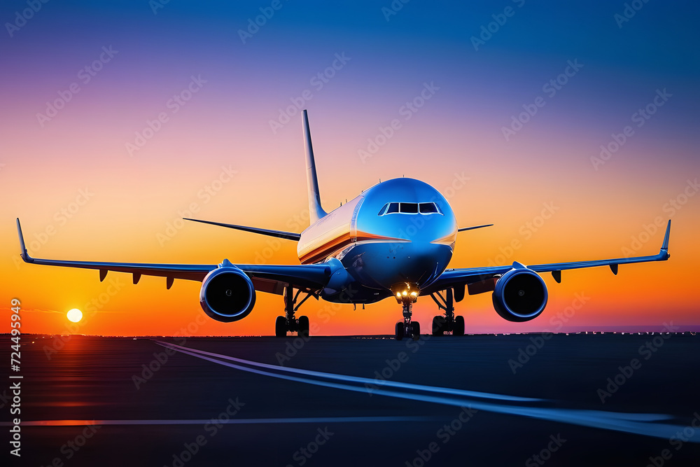 Airplane on runway at sunset with beautiful sky in the background.