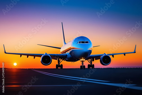 Airplane on runway at sunset with beautiful sky in the background.