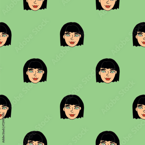 Vector Seamless pattern with cartoon face girl or woman. Hand drawn heads of kids people in doodle style. Childish, girlish fun cute texture backdrop