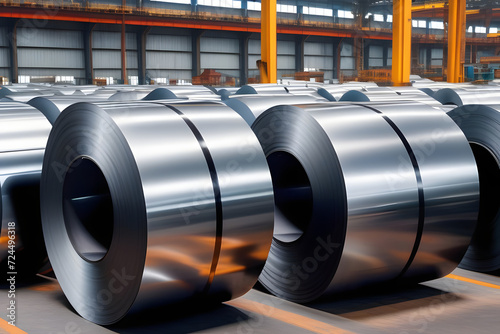Rolls of shiny metal coils in a warehouse. Industrial background. Steel production.