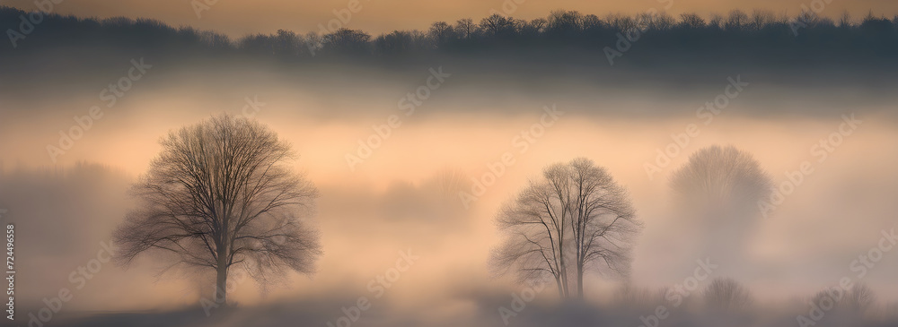 Morning Fog Elegance: Captivating Image of Sunshine Piercing Through Foggy Ambiance.