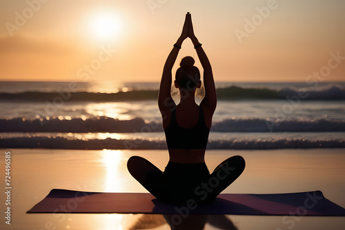 Yoga on Beach at Sunset. Woman in Silhouette Doing Yoga Poses by the Sea © D