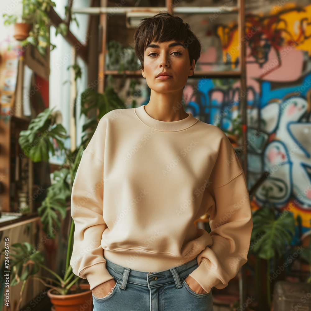 Beige Sweatshirt Mockup, Woman, Girl, Female, Model, Wearing a Beige Oversized Sweatshirt and Blue Jeans, Fitted Blank Shirt Template, Standing in a Room with Plants, Close-up View Beige Sweatshirt Mockup, Woman, Girl, Female, Model, Wearing a Beige Oversized Sweatshirt and Blue Jeans, Fitted Blank Shirt Template, Standing in a Room with Plants, Close-up View