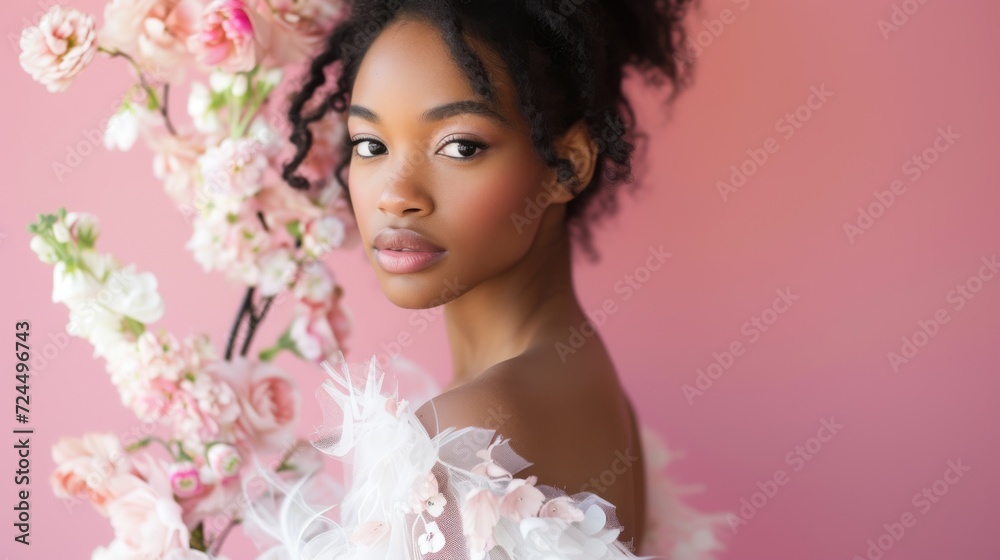 The bride, adorned in a white dress with pink floral accents, gazes directly at the camera against a pink backdrop