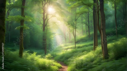 Lush  emerald green forest under soft sunlight filtering through leaves
